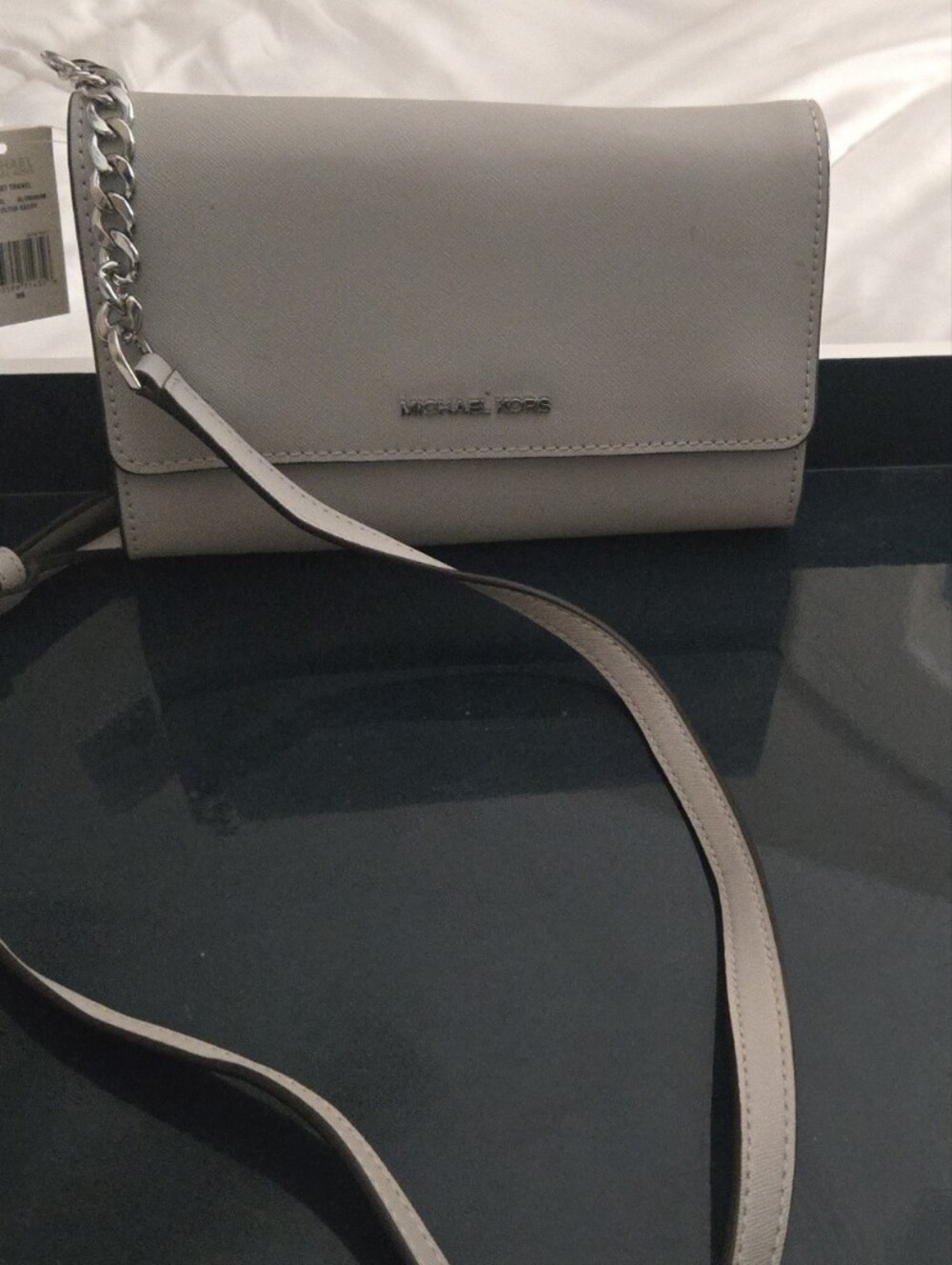 Michael Kors Gray Saffiano Crossbody Bag with Chain Strap